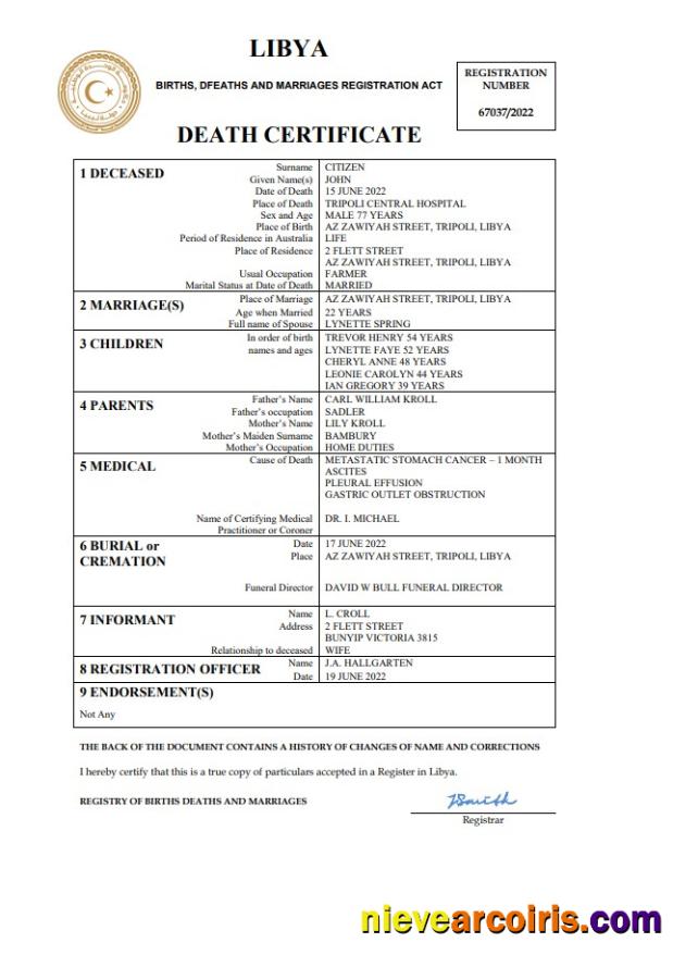 Editable Libya Death Certificate Word And PDF Template