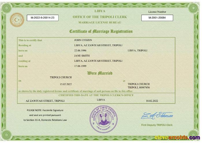 Editable Libya Marriage Certificate Word And PDF Template