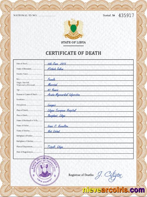 Editable Libya Vital Record Death Certificate PSD Template