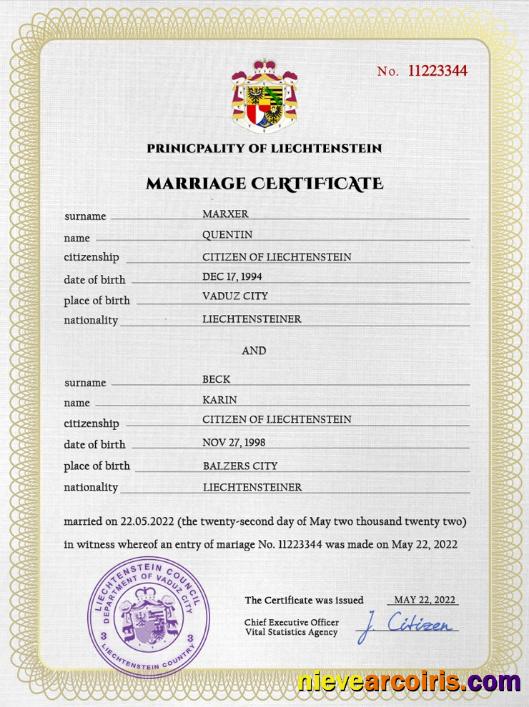 Realistic Liechtenstein Marriage Certificate PSD Template