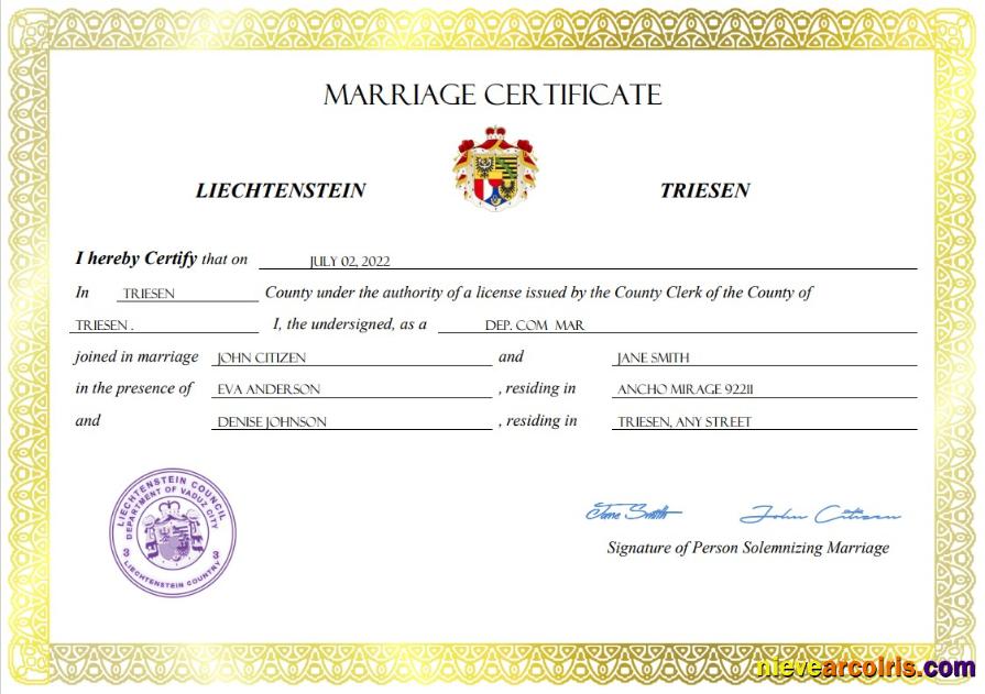 Realistic Liechtenstein Marriage Certificate Word And PDF Template