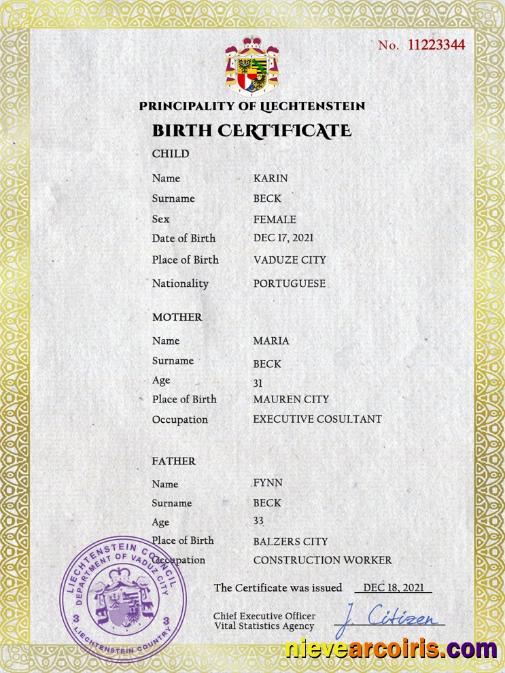 Realistic Liechtenstein Vital Record Birth Certificate PSD Template