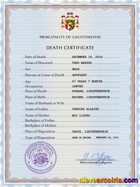 Editable Liechtenstein Vital Record Death Certificate PSD Template