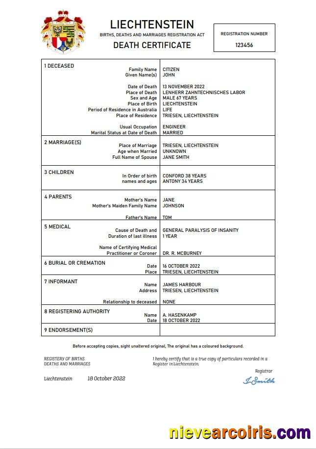 Editable Liechtenstein Vital Record Death Certificate Word And PDF Template
