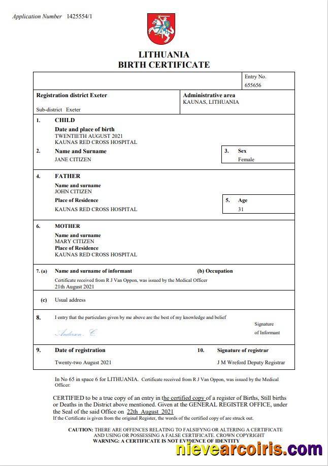 Professional Lithuania Birth Certificate Word And PDF Template