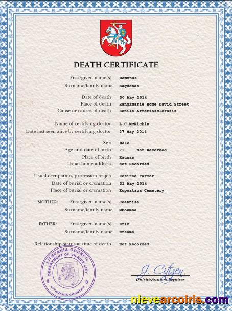 Professional Lithuania Death Certificate PSD Template