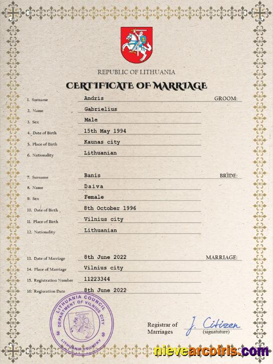 Premium Lithuania Marriage Certificate PSD Template
