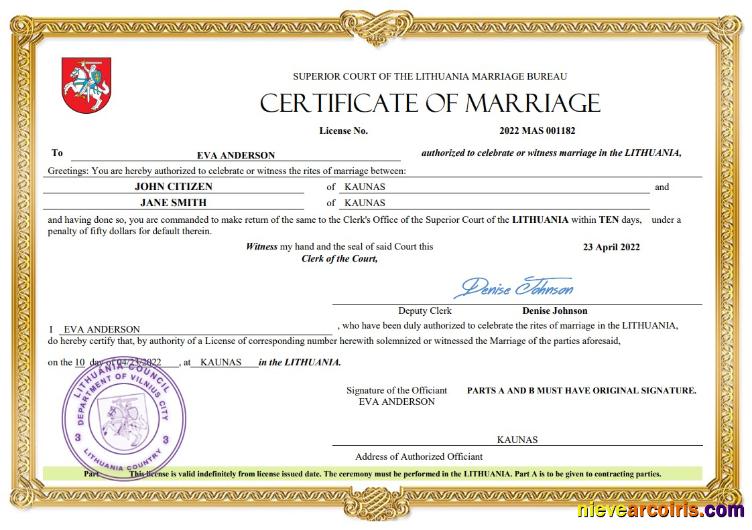 Realistic Lithuania Marriage Certificate Word And PDF Template