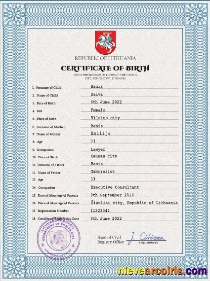 Realistic Lithuania Vital Record Birth Certificate PSD Template