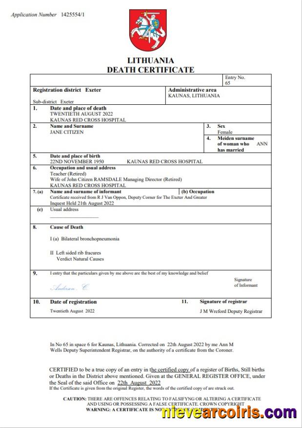 Premium Lithuania Vital Record Death Certificate Word And PDF Template