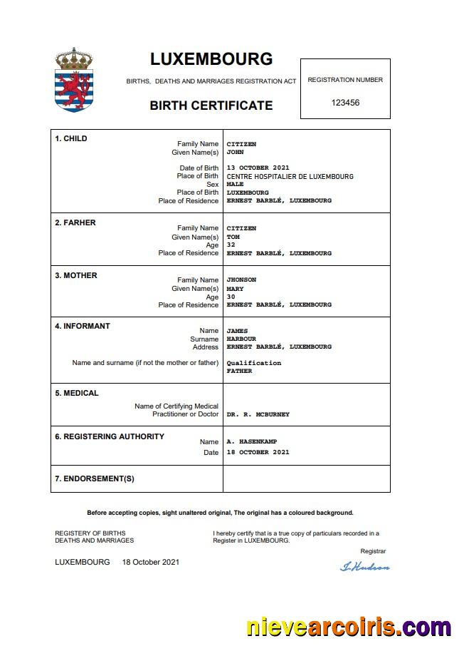 Editable Luxembourg Birth Certificate Word And PDF Template