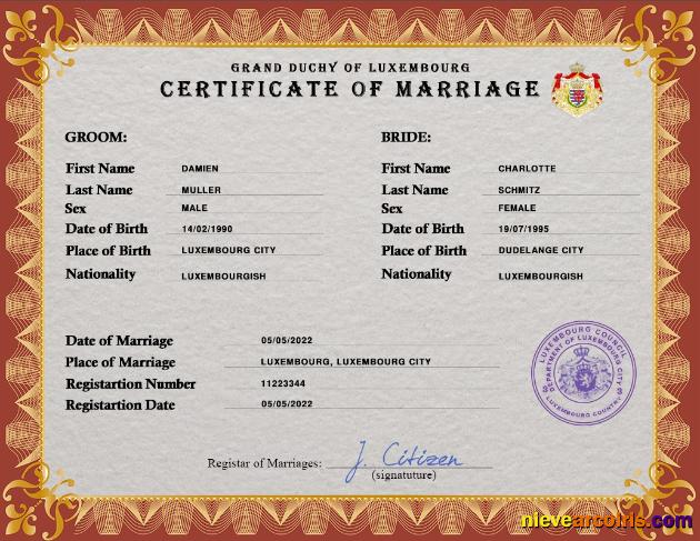 Realistic Luxembourg Marriage Certificate PSD Template