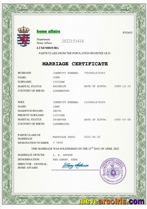 Professional Luxembourg Marriage Certificate Word And PDF Template