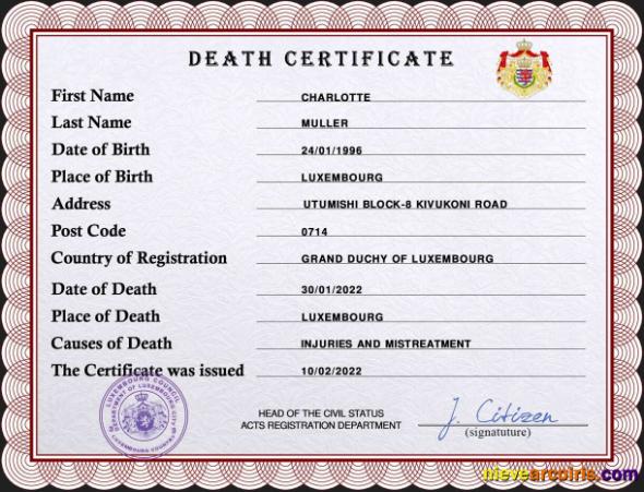 Editable Luxembourg Vital Record Death Certificate PSD Template