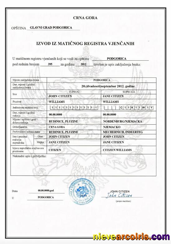 MONTENEGRO (Crna Gora) Marriage Certificate Sample