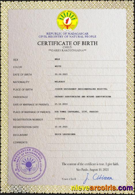 Editable Madagascar Birth Certificate PSD Template