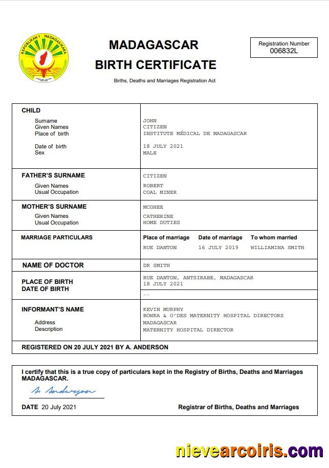 Professional Madagascar Vital Record Birth Certificate Word And PDF Template