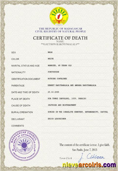 Professional Madagascar Vital Record Death Certificate PSD Template