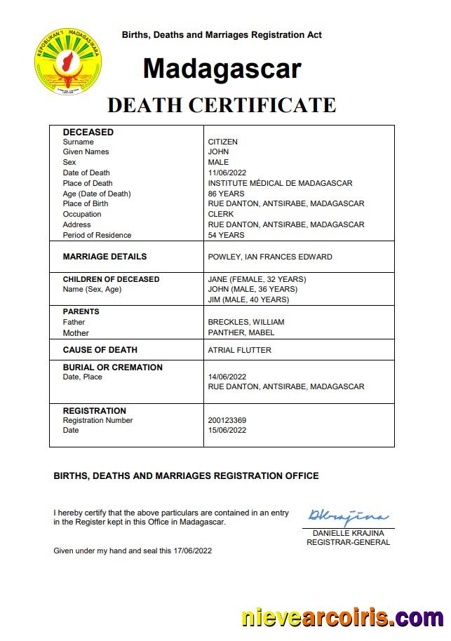 Premium Madagascar Vital Record Death Certificate Word And PDF Template