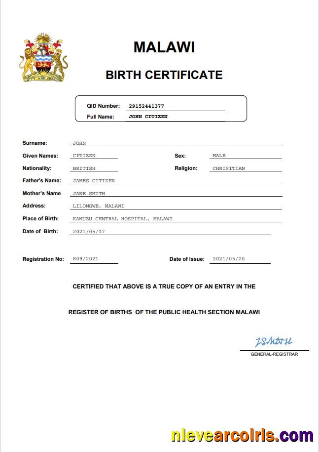 Editable Malawi Birth Certificate Word And PDF Template, Completely Editable