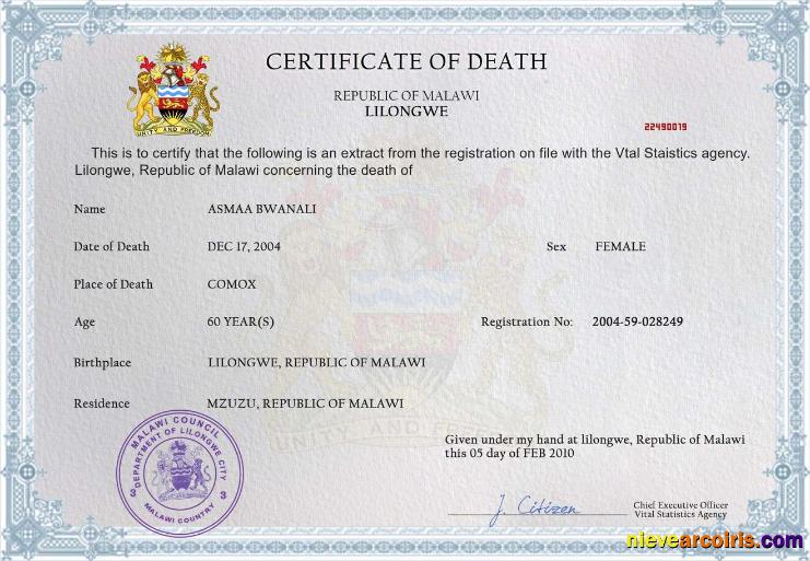 Malawi Death Certificate Sample