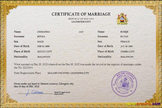 Realistic Malawi Marriage Certificate PSD Template