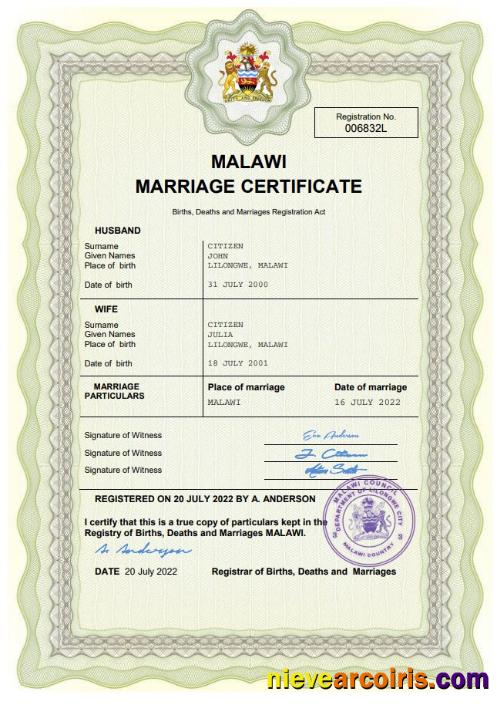 Professional Malawi Marriage Certificate Word And PDF Template