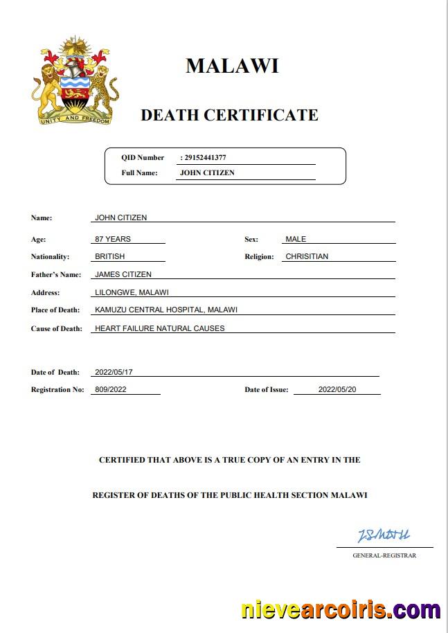 Premium Malawi Vital Record Death Certificate Word And PDF Template