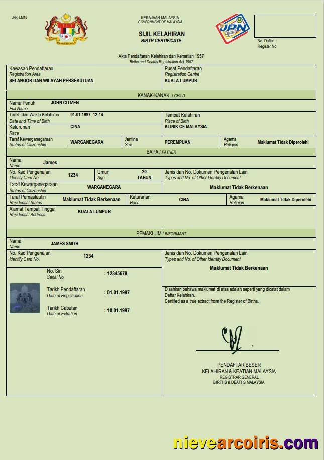 Realistic Malaysia Birth Certificate Word And PDF Template