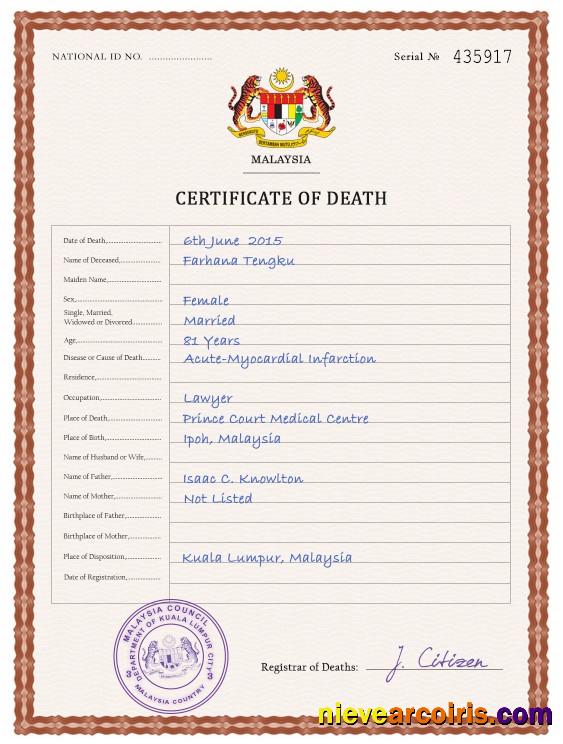 Realistic Malaysia Death Certificate PSD Template