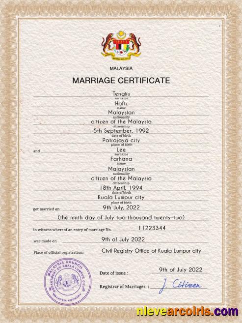 Editable Malaysia Marriage Certificate PSD Template