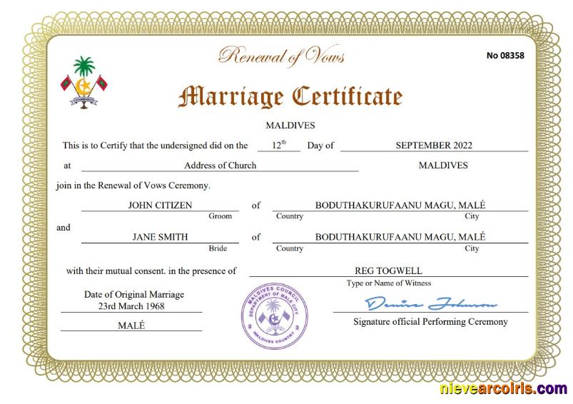 Editable Maldives Marriage Certificate Word And PDF Template