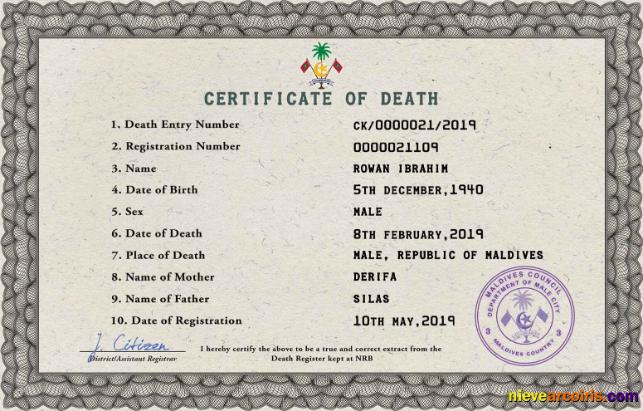 Professional Maldives Vital Record Death Certificate PSD Template