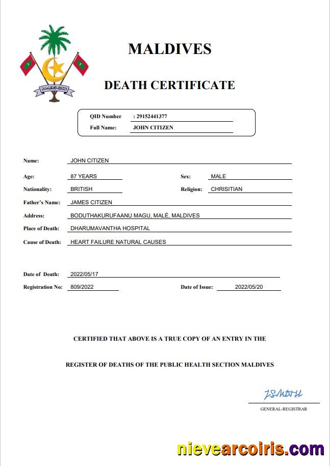 Realistic Maldives Vital Record Death Certificate Word And PDF Template