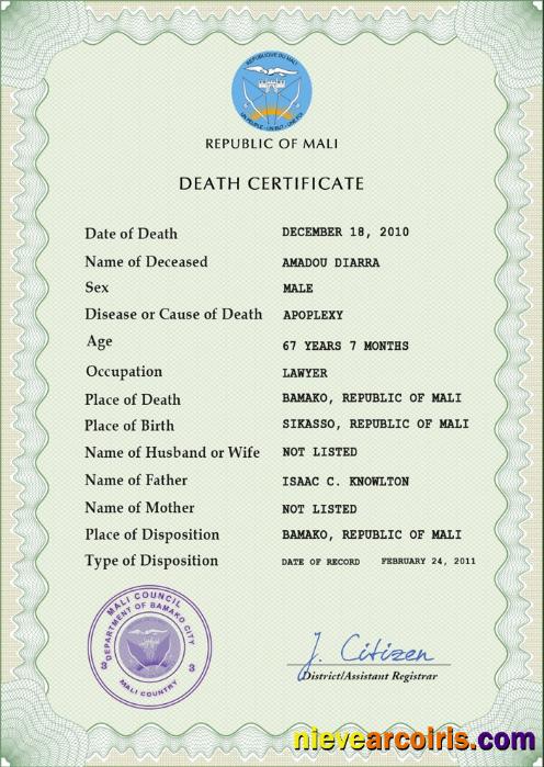 Editable Mali Death Certificate PSD Template