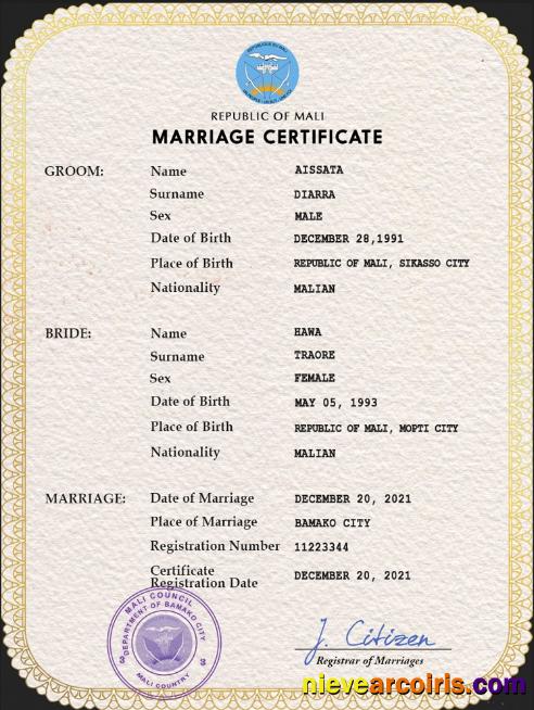 Editable Mali Marriage Certificate PSD Template