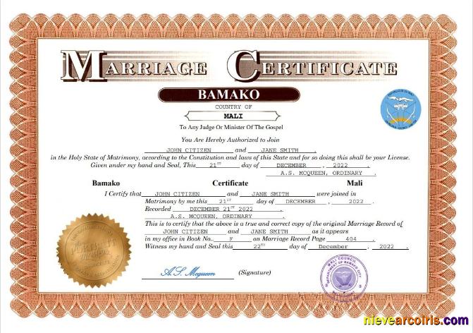 Professional Mali Marriage Certificate Word And PDF Template