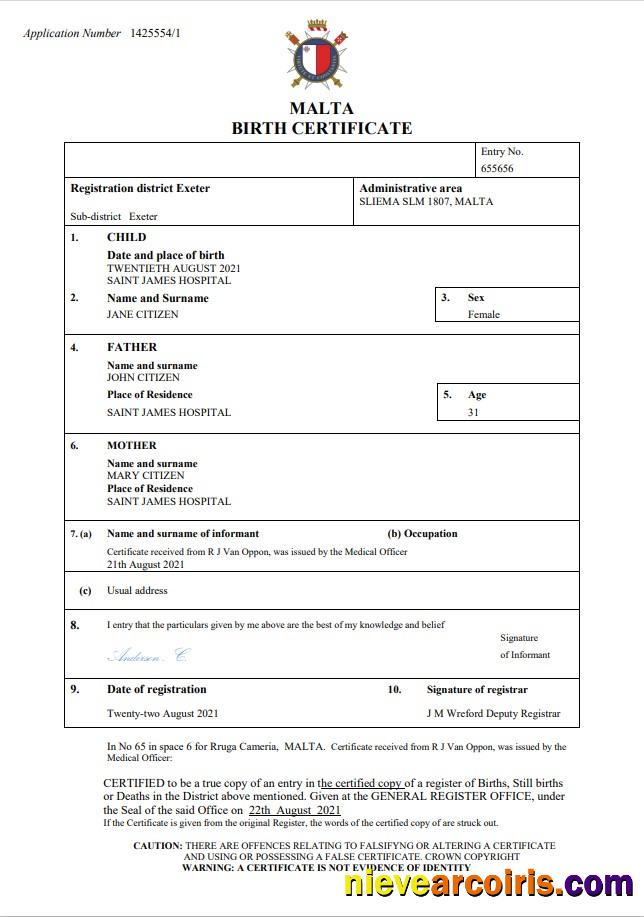 Editable Malta Birth Certificate Word And PDF Template