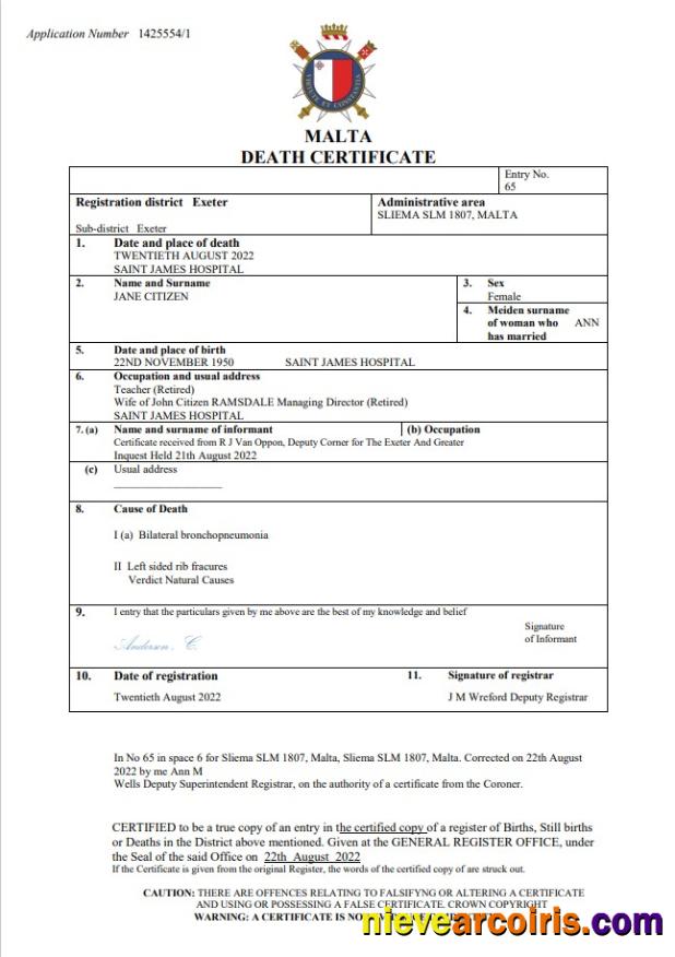 Premium Malta Death Certificate Word And PDF Template