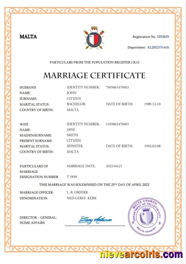 Professional Malta Marriage Certificate Word And PDF Template