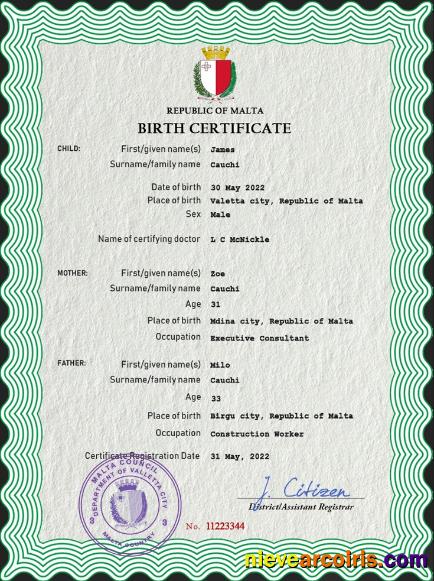 Realistic Malta Vital Record Birth Certificate PSD Template