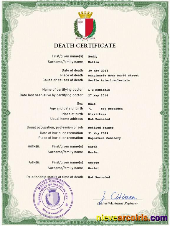 Premium Malta Vital Record Death Certificate PSD Template