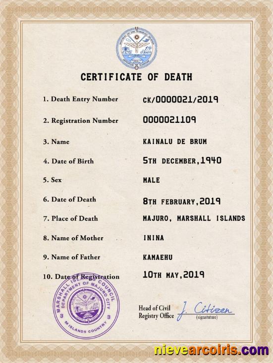 Professional Marshall Islands Death Certificate PSD Template