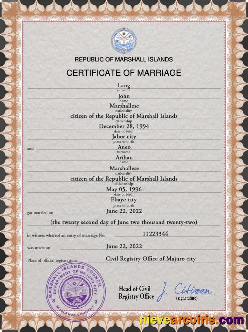 Editable Marshall Islands Marriage Certificate PSD Template