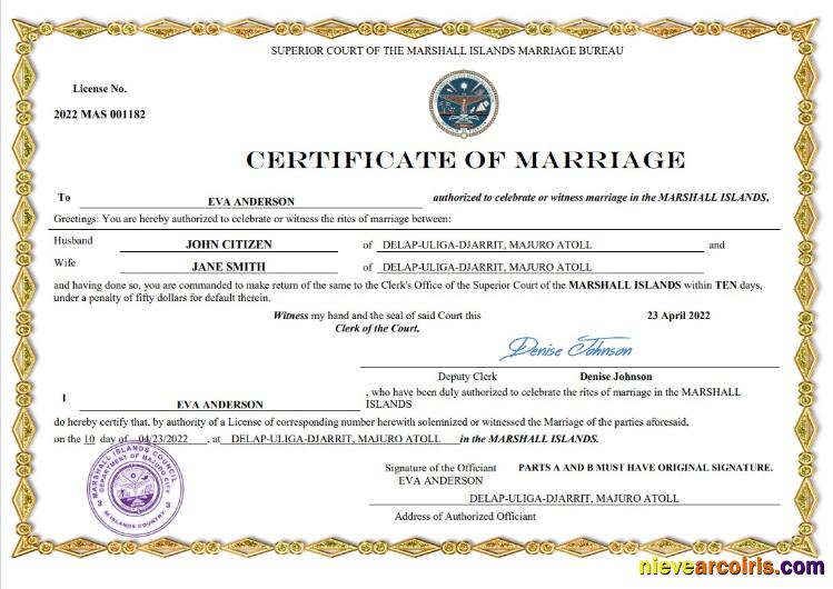 Editable Marshall Islands Marriage Certificate Word And PDF Template