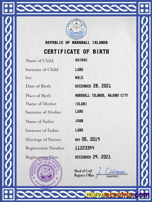 Editable Marshall Islands Vital Record Birth Certificate PSD Template