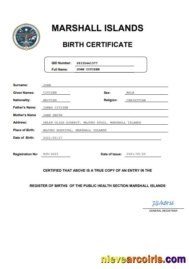 Premium Marshall Islands Vital Record Birth Certificate Word And PDF Template