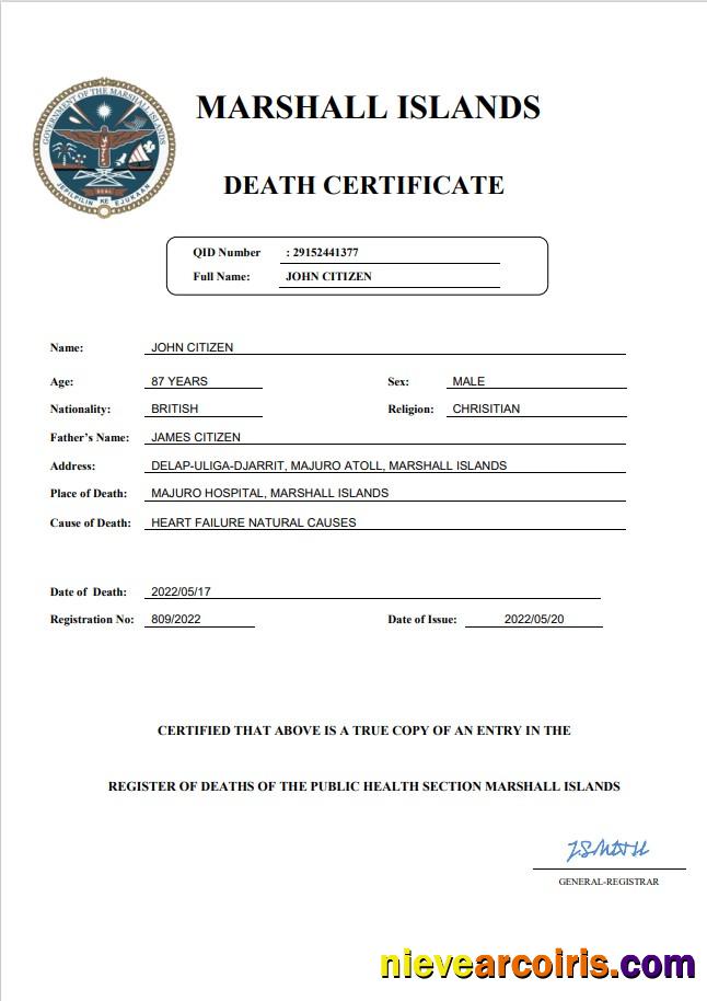 Realistic Marshall Islands Vital Record Death Certificate Word And PDF Template