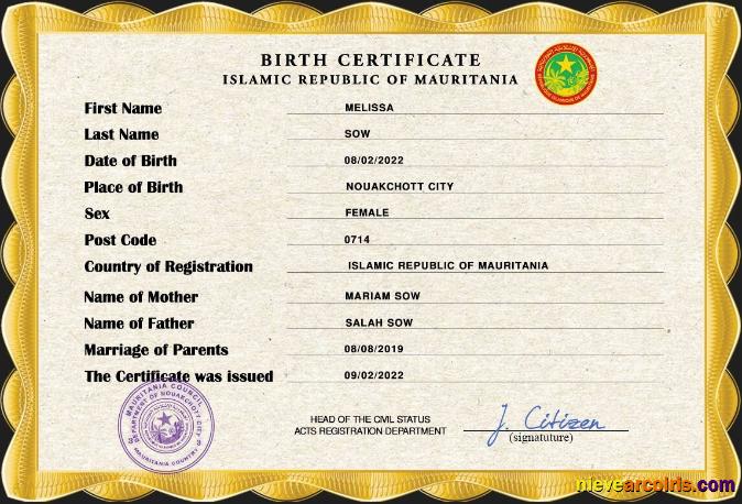 Realistic Mauritania Birth Certificate PSD Template