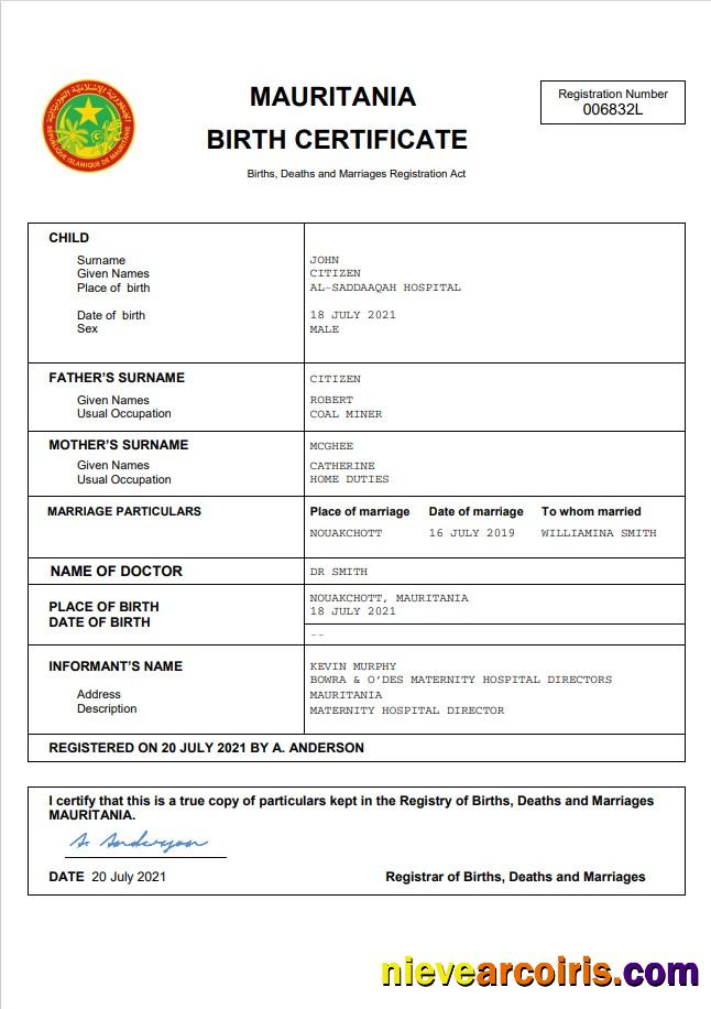 Realistic Mauritania Birth Certificate Word And PDF Template